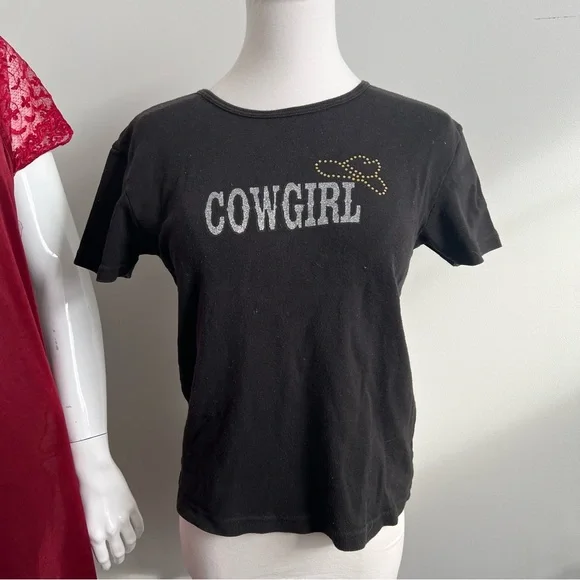 Y2K Cowgirl Graphic Baby Tee • Black Western Top • Early 2000s Aesthetic M - Picture 2 of 6